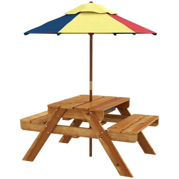 Kids 3-in-1 wooden picnic table with benches and colorful umbrella