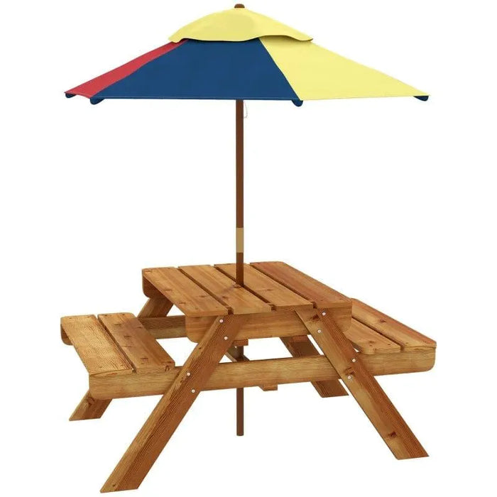 3-in-1 kids wooden picnic table with benches and colorful umbrella