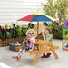 Kids sitting at wooden picnic table with colorful umbrella in backyard play area