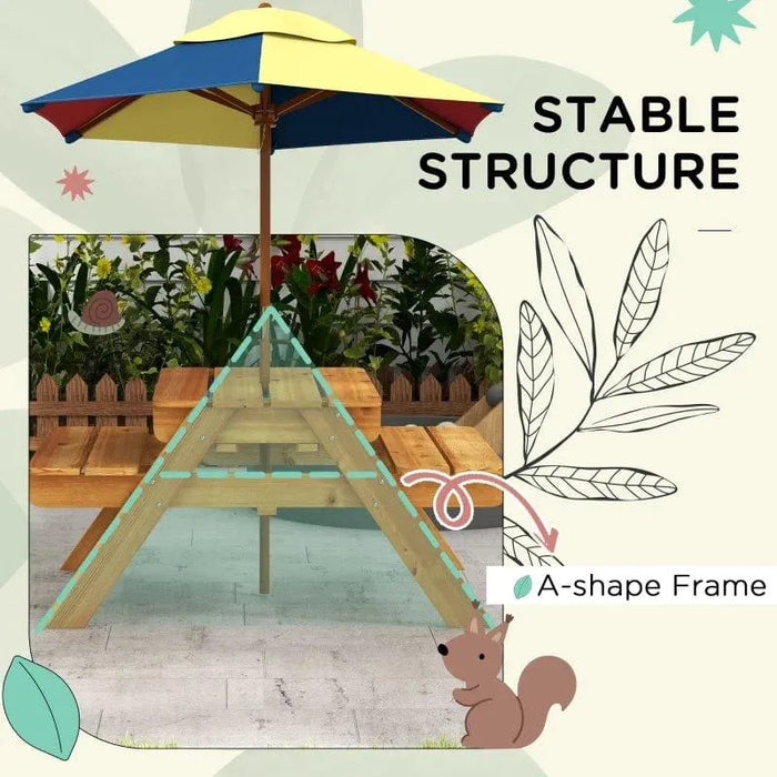 Kids 3-in-1 picnic table with A-frame, wood benches, removable umbrella, outdoor setting