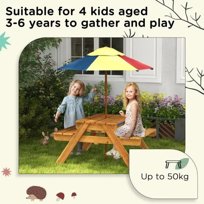 Two kids at wooden 3-in-1 picnic table with sandbox, water play, and colorful umbrella outdoors