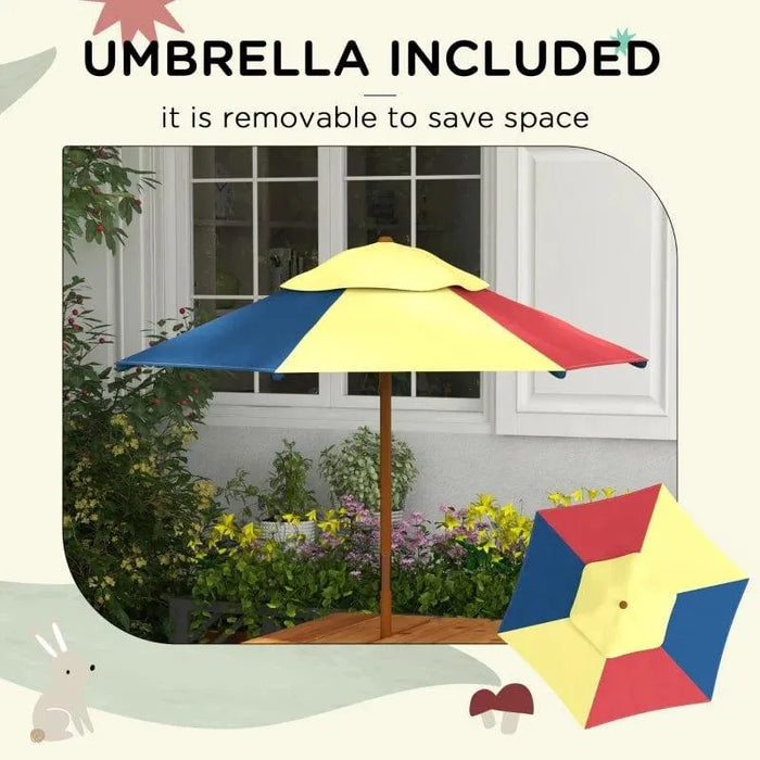 Colorful removable umbrella for kids picnic table in garden setting with flowers