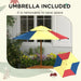 Colorful removable umbrella for kids picnic table in garden setting with flowers