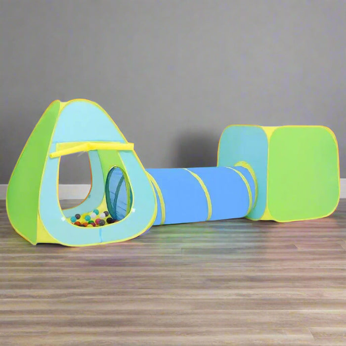 Kids 3-in-1 play tent with colorful tunnel, cube, and ball pit on wood floor