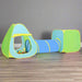 Kids 3-in-1 play tent with colorful tunnel, cube, and ball pit on wood floor