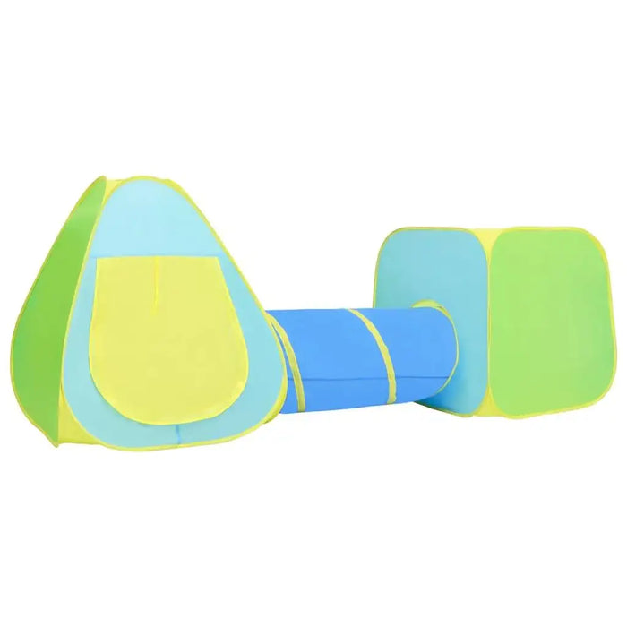 3-in-1 kids play tent set with blue tunnel, green cube, and yellow teepee on white background