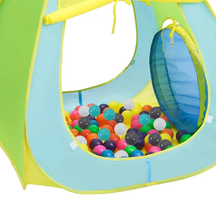 3-in-1 kids play tent with colorful balls, tunnel, and open cube design indoors