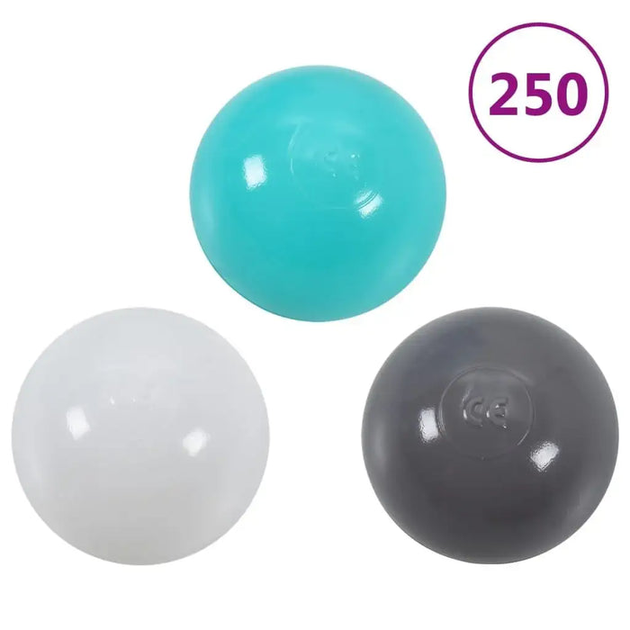 Set of 250 play balls for kids in turquoise, white, and gray on white background