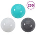 Set of 250 play balls for kids in turquoise, white, and gray on white background