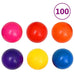 Six colorful plastic play balls with '100' written in purple, ball pit or kids' play area.