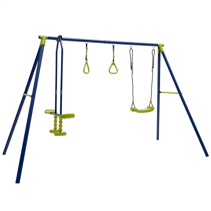 3-in-1 Kids Swing Set - Blue and Green | Glider and Gym Rings - Adjustable Steel A-Frame COSTWAY - Little and Giant Explorers Costway