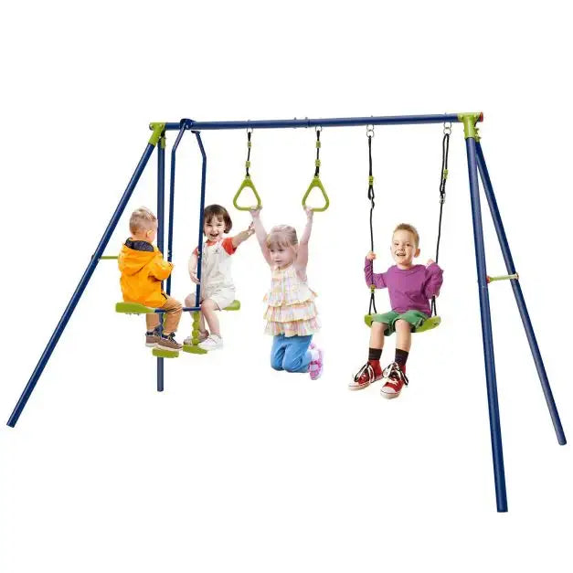 3-in-1 Kids Swing Set - Blue and Green | Glider and Gym Rings - Adjustable Steel A-Frame COSTWAY - Little and Giant Explorers Costway
