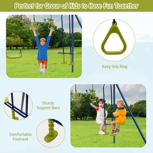 3-in-1 Kids Swing Set - Blue and Green | Glider and Gym Rings - Adjustable Steel A-Frame COSTWAY - Little and Giant Explorers Costway