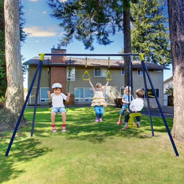 3-in-1 Kids Swing Set - Blue and Green | Glider and Gym Rings - Adjustable Steel A-Frame COSTWAY - Little and Giant Explorers Costway