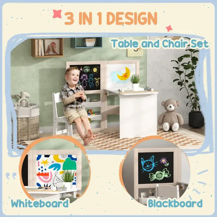 3-in-1 Kids Table and Chair Set – White | Foldable Art Desk - Blackboard and Whiteboard AIYAPLAY - Little and Giant Explorers AIYAPLAY