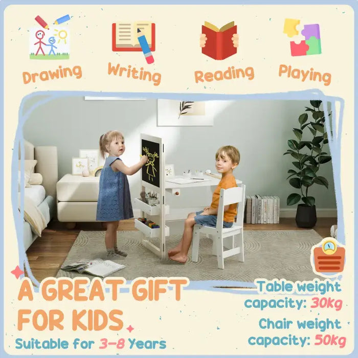 3-in-1 Kids Table and Chair Set – White | Foldable Art Desk - Blackboard and Whiteboard AIYAPLAY - Little and Giant Explorers AIYAPLAY