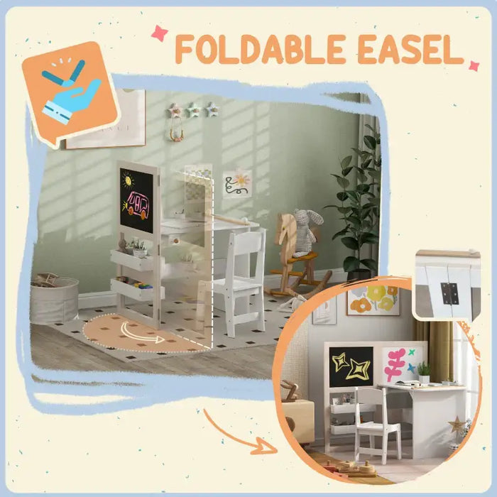 3-in-1 Kids Table and Chair Set – White | Foldable Art Desk - Blackboard and Whiteboard AIYAPLAY - Little and Giant Explorers AIYAPLAY