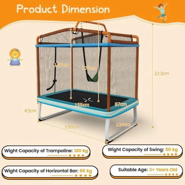 3-in-1 kids trampoline set with detachable swing, horizontal bar, safety net, and product dimensions.