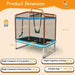 3-in-1 kids trampoline set with detachable swing, horizontal bar, safety net, and product dimensions.