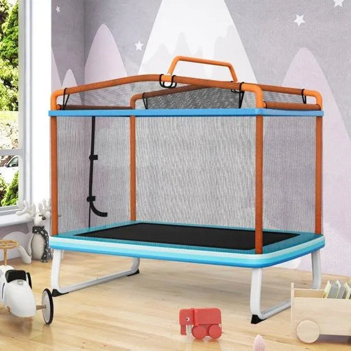 3-in-1 kids trampoline set with orange frame, safety net, swing, and horizontal bar in playroom