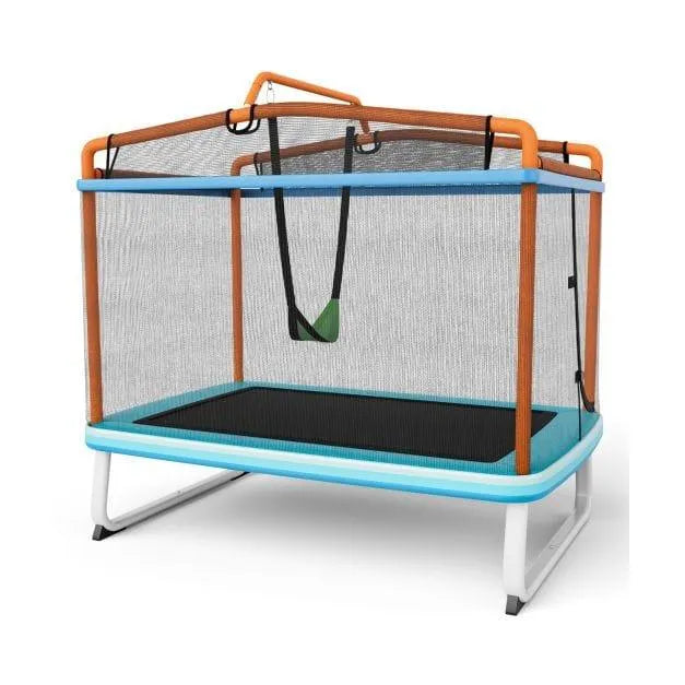 3-in-1 orange kids trampoline with detachable swing, horizontal bar, and safety net