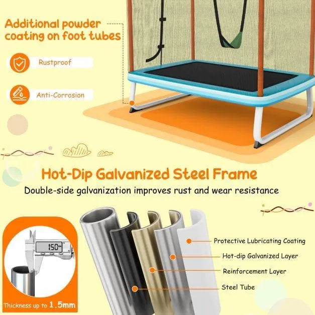 3-in-1 kids trampoline set with swing, safety net, and galvanized steel frame details