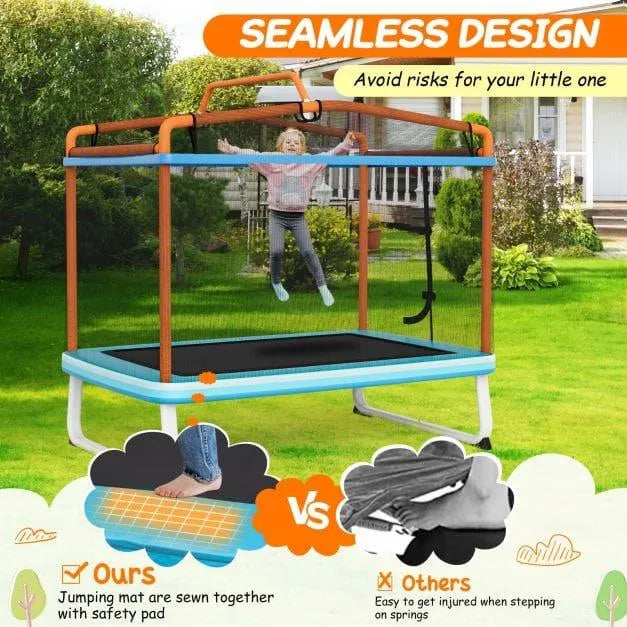 3-in-1 kids trampoline set with orange frame, swing, horizontal bar, safety net in garden