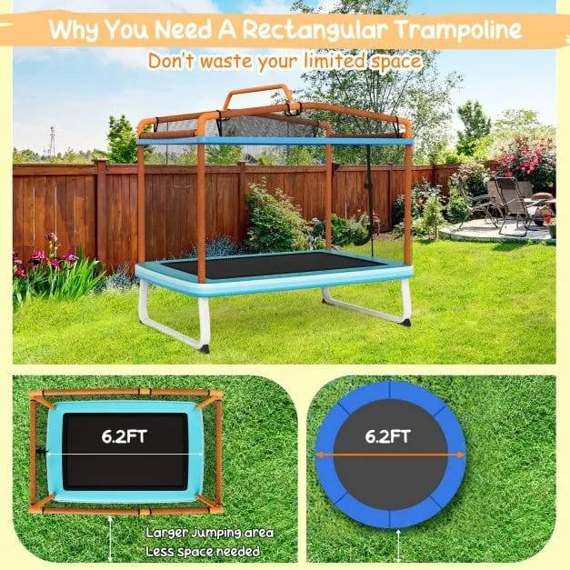 3-in-1 kids rectangular trampoline set with detachable swing, horizontal bar, and safety net in backyard