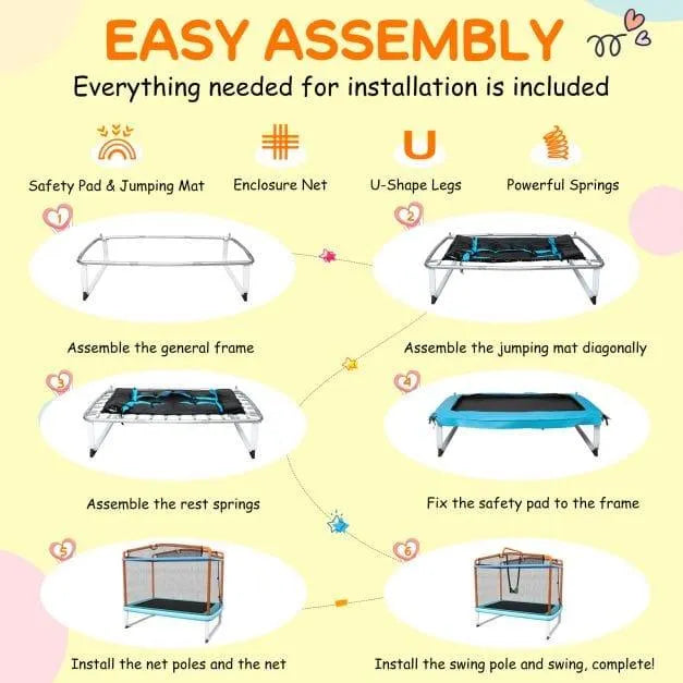 Easy assembly guide for 3-in-1 kids trampoline set with net, swing, and safety pad.