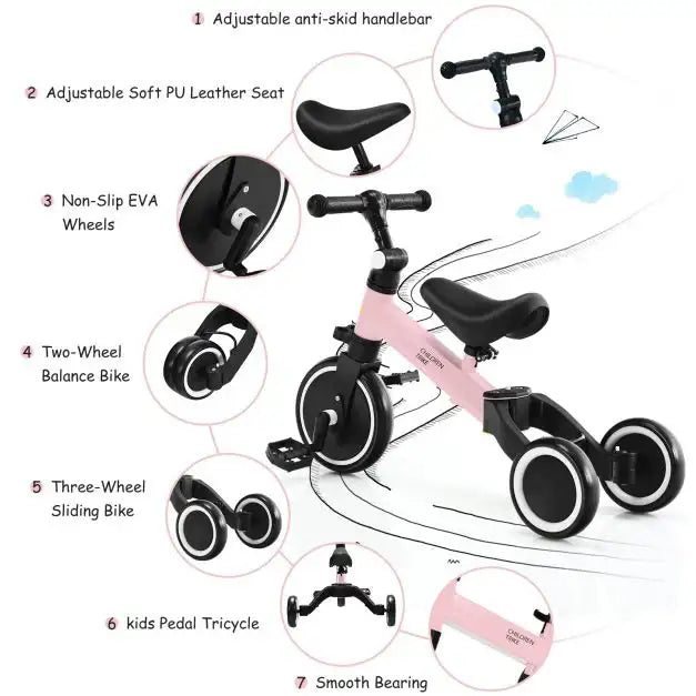 3-in-1 Kids Tricycle - Pink | Adjustable Handlebar and Seat - Ages 1 - 3 Years COSTWAY - Little and Giant Explorers Costway