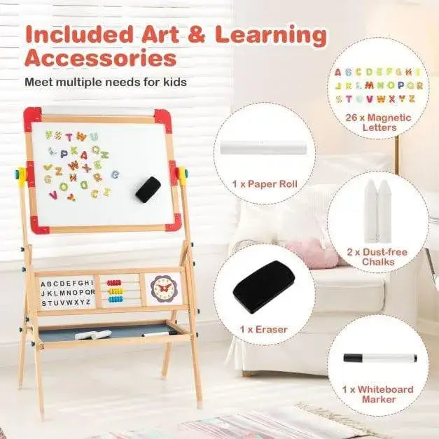 3-in-1 kids wooden art easel with whiteboard, magnetic letters, paper roll, and learning accessories