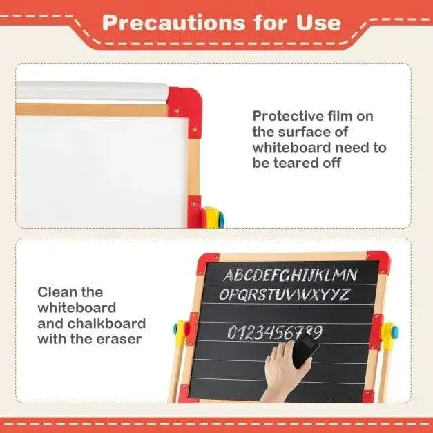 Children's wooden art easel with rotatable blackboard, whiteboard, and paper roller.