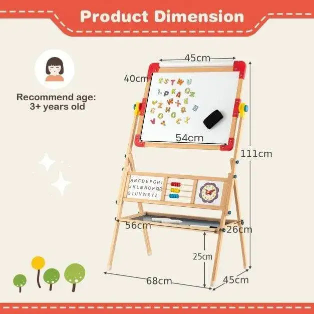 3-in-1 kids wooden art easel with whiteboard, alphabet magnets, abacus, and product dimensions.