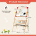 3-in-1 kids wooden art easel with whiteboard, alphabet magnets, abacus, and product dimensions.