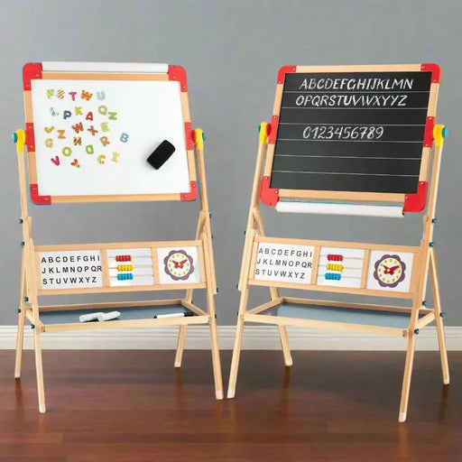 3-in-1 kids wooden art easel with rotatable blackboard, whiteboard, abacus, and paper roller