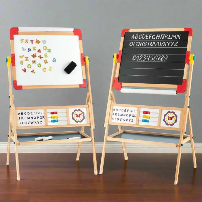 3-in-1 kids wooden art easel with rotatable blackboard, whiteboard, abacus, and paper roller