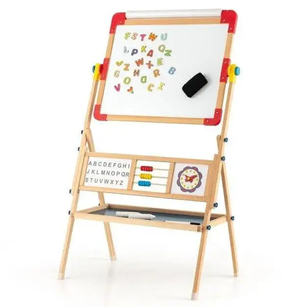 3-in-1 kids wooden art easel with rotatable whiteboard, alphabet magnets, and abacus.