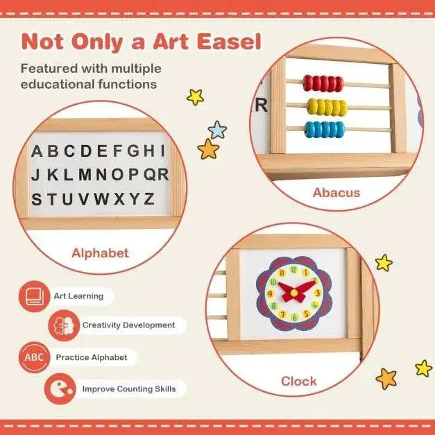 Kids wooden art easel with alphabet board, abacus, and clock educational features.
