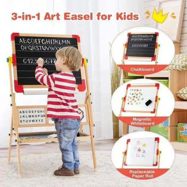 Child drawing on 3-in-1 wooden kids art easel with chalkboard, whiteboard, paper roll