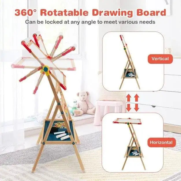 3-in-1 kids wooden art easel with rotatable blackboard and whiteboard in a playroom