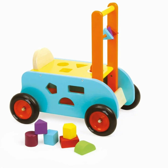 Colorful wooden 3-in-1 activity push trolley walker with shape sorter and blocks
