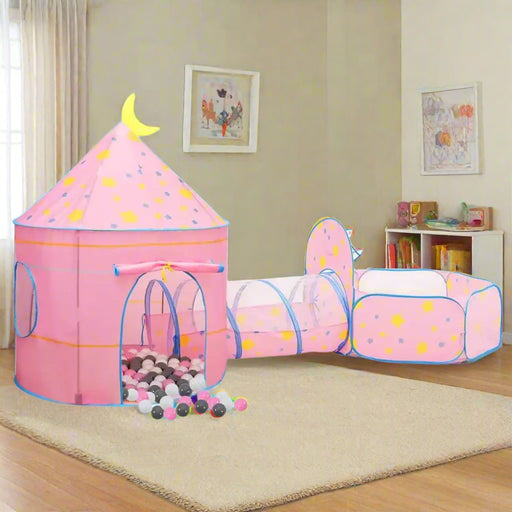 Pink 3-in-1 princess castle play tent with star patterns, tunnels, and balls in a kids' room
