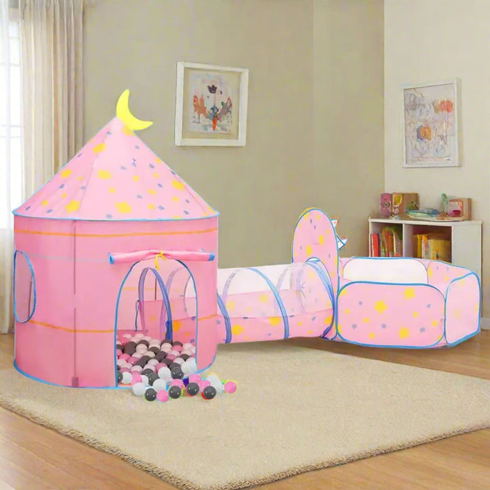 Pink 3-in-1 princess castle play tent with star patterns, tunnels, and balls in a kids' room