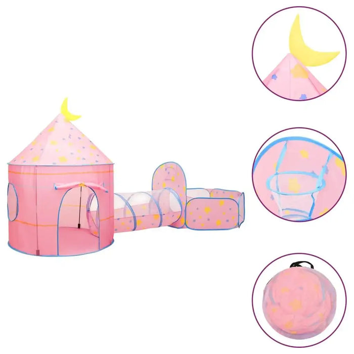 Pink 3-in-1 princess castle play tent with tunnel and balls, yellow moon, multicolor dots