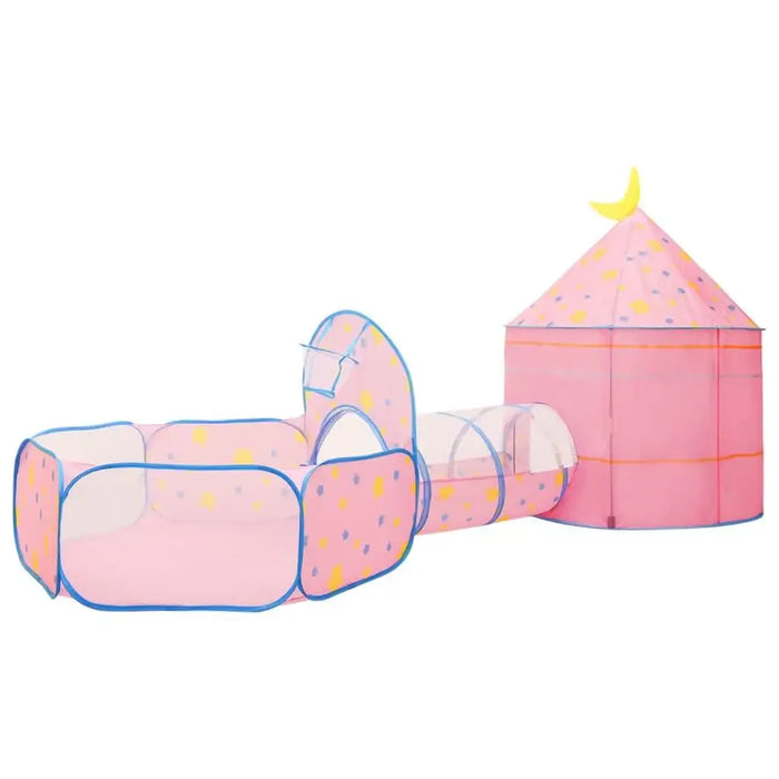 Pink 3-in-1 princess castle play tent with tunnel and ball pit, colorful dot pattern