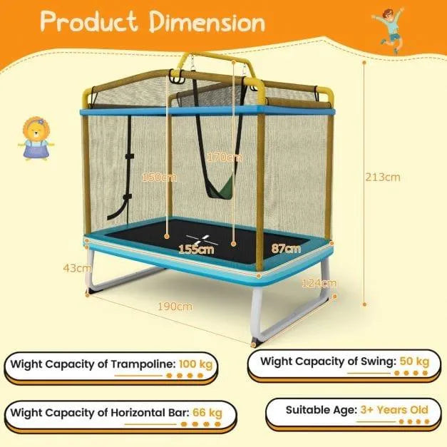 3-in-1 rectangular kids trampoline with swing, horizontal bar, blue yellow frame, dimensions shown