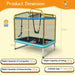 3-in-1 rectangular kids trampoline with swing, horizontal bar, blue yellow frame, dimensions shown