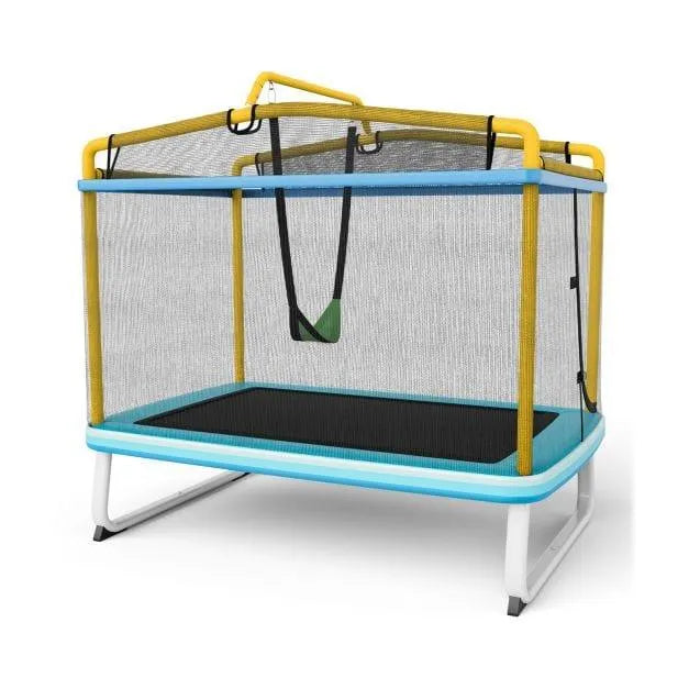 3-in-1 rectangular kids trampoline with swing, blue and yellow frame, safety net