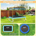 Rectangular kids trampoline with swing and bar, blue and yellow, in backyard garden