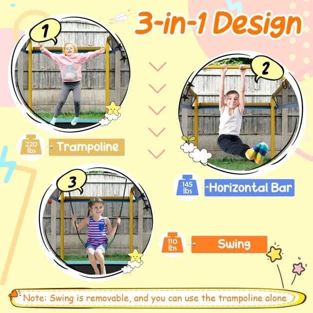 3-in-1 kids trampoline with swing, horizontal bar and blue-yellow frame outdoors